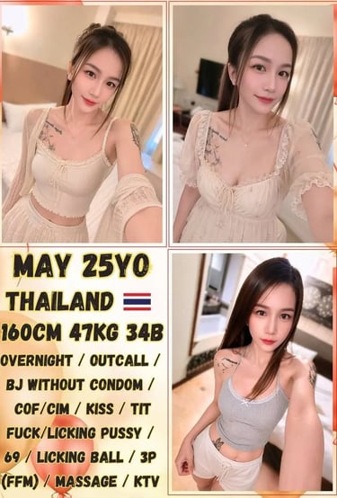 A collage showing three photos of a young Thai woman in lingerie alongside her escort service details.