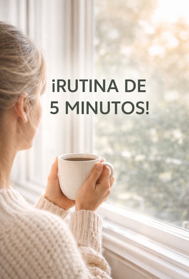 Mujer tomando café frente a una ventana con luz natural y texto “rutina de 5 minutos”