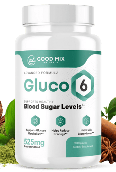 Gluco 6 blood sugar support supplement bottle with cinnamon sticks and herbal ingredients.