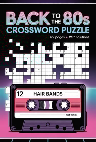 Back to the 80s crossword puzzle book cover featuring a retro neon grid and cassette tape.