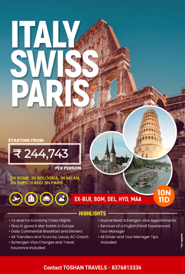 Best Europe group tour package including France, Italy and Switzerland by Toshan Travels