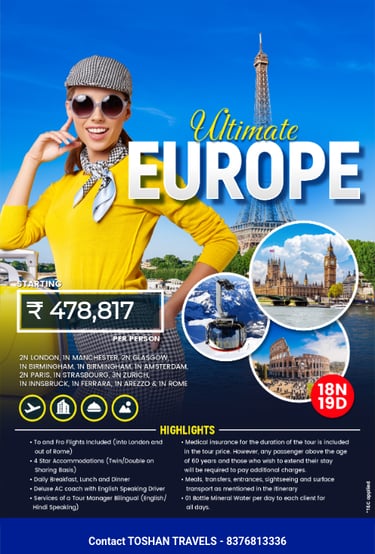 Affordable Europe tour package for families and couples by Toshan Travels India