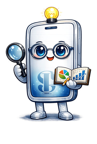 A cute cartoon smartphone character holding a magnifying glass and data charts to represent mobile analytics.