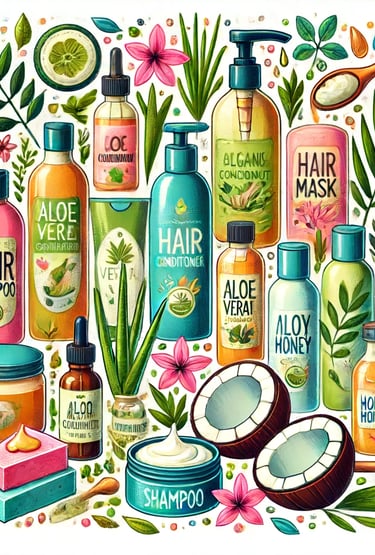 Various organic hair care products and natural ingredients.