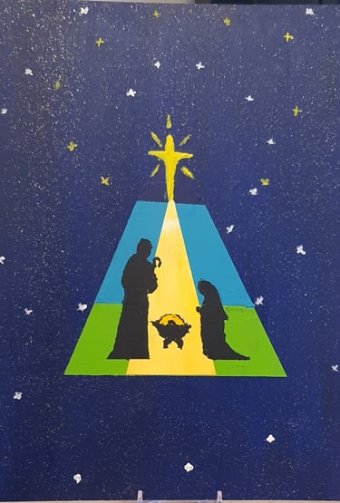 Réf : NAT240903. La nativité étoilée. support bois 21x30cm. 40€.