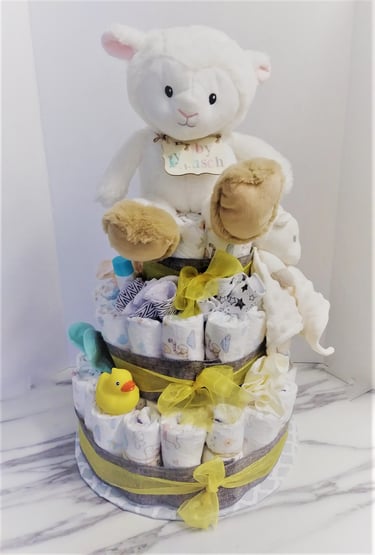 Diaper cake with stuffed animal