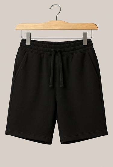 a black shorts with a wooden hanger and a hanger on a hanger
