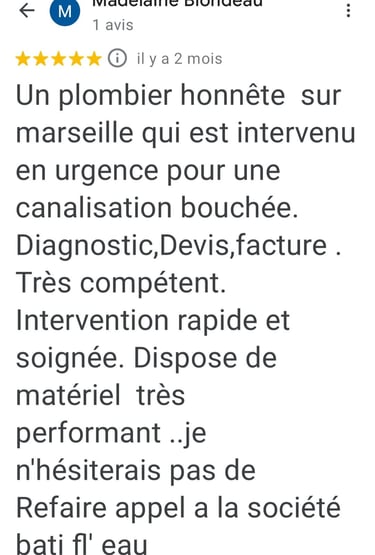 Avis client cinq étoiles très positif pour Bati Fl'Eau, plombier fiable à Marseille