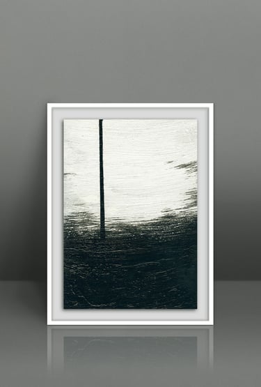 Framed minimalist black and white abstract painting featuring a vertical line on textured canvas.