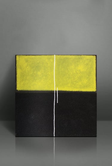 Minimalist abstract canvas painting featuring textured yellow and black blocks split by a thin white line.