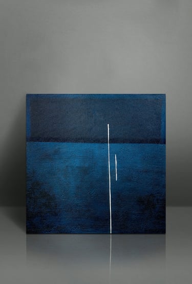 Abstract navy blue canvas wall art with textured minimalist lines on a grey background.