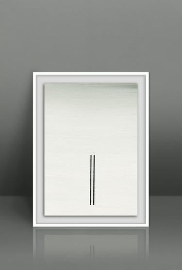 Minimalist abstract wall art in a white frame featuring two black vertical lines on textured paper.