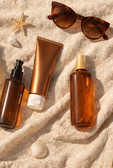 Sunscreen bottles, tanning oil, and sunglasses on a beach towel with shells.