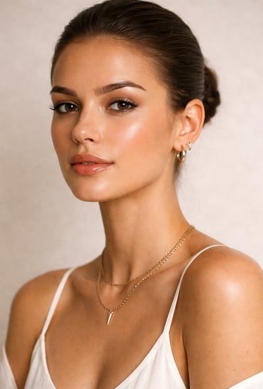 Young woman with glowing skin, natural makeup, and gold jewelry in a portrait.