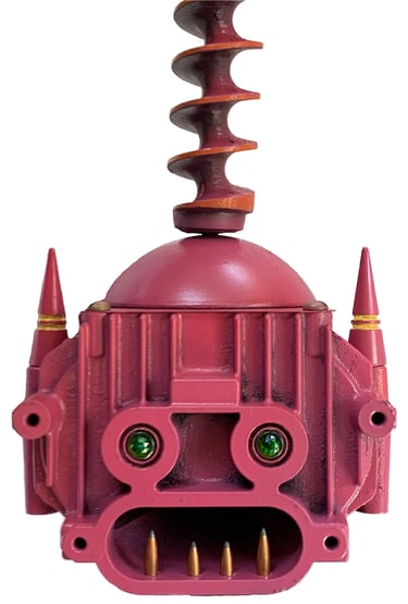 Pink creature with sharp teeth sculpture by artist Tal Avitzur.