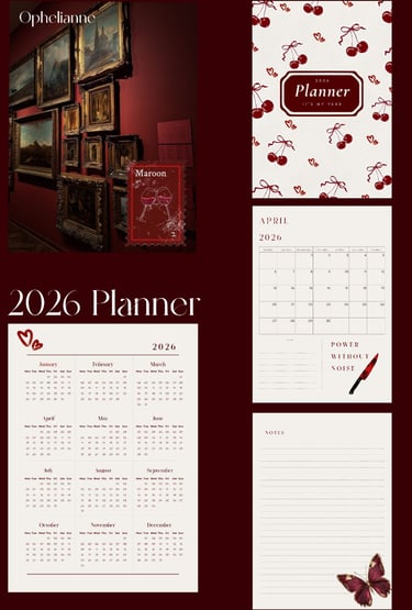 Maroon-themed 2026 planner layout by Ophelianne featuring a gallery wall aesthetic, cherry-patterned
