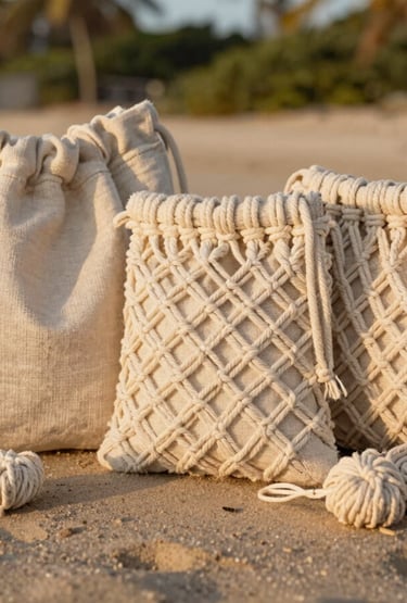 Bolsas de macramé hechas a mano con cordón y bolsitas de algodón expuestas en una playa tropical 