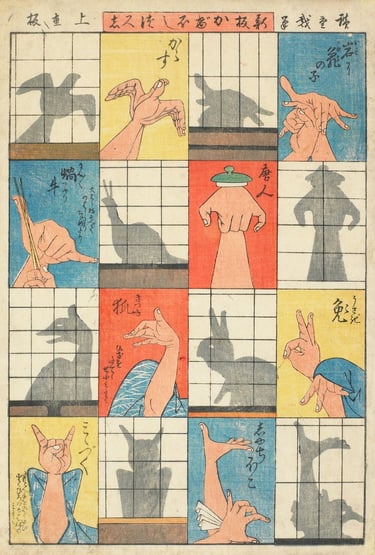 Utagawa Hiroshige woodblock print of shadow puppets and how to make them including an owl and snail