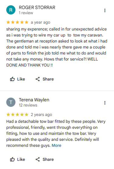 Google customer reviews for Starmo Auto Electrics highlighting excellent advice, friendly staff