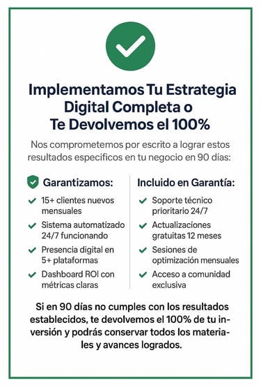 Sección informativa que muestra una garantía de estrategia digital completa, incluyendo beneficios como 15+ clientes nuevos m