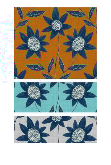 Blue sunflower block prints seamless surface patterns for wallpaper, fabric, home decor and art licensing.