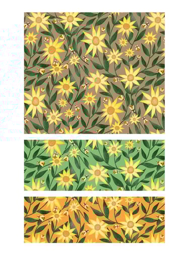 Sunflowers and bees seamless surface patterns for wallpaper, fabric, home decor and art licensing.