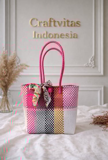 Tas anyaman plastik motif batik warna pink mix handmade dari Craftvitas Indonesia