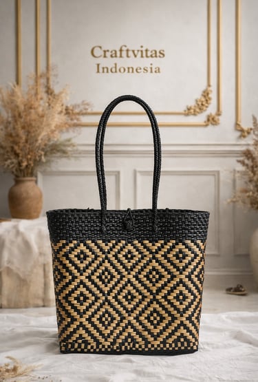 Tas anyaman plastik handmade warna hitam dengan motif natural ramah lingkungan dari Craftvitas Indonesia