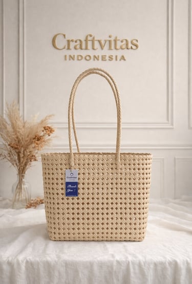 Tas anyaman plastik model sekar warna cream handmade Craftvitas Indonesia