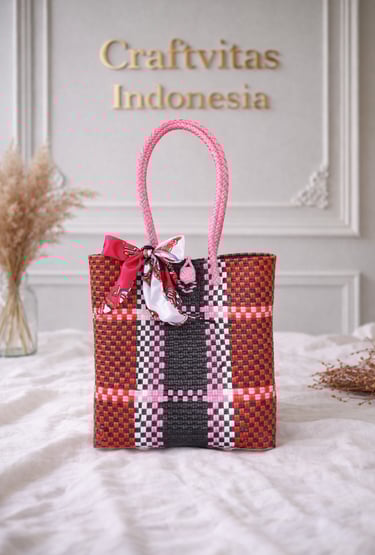 Tas anyaman plastik motif batik hitam merah dengan aksen pink handmade Craftvitas Indonesia