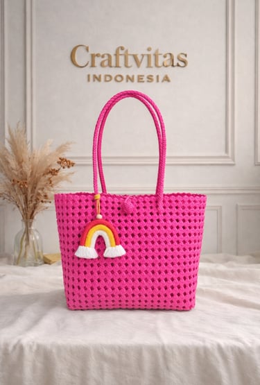 Tas anyaman plastik model sekar warna pink handmade dari Craftvitas Indonesia