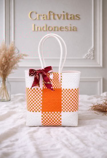 Tas anyaman plastik motif batik warna putih dan oranye handmade dari Craftvitas Indonesia