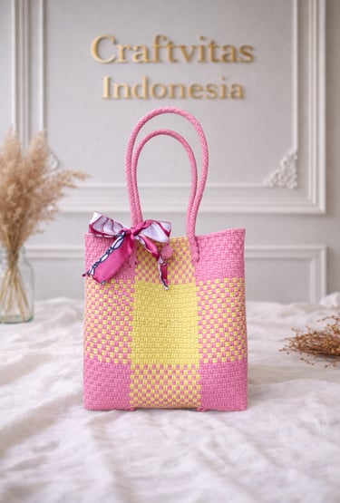 Tas anyaman plastik motif batik pink kuning handmade Craftvitas Indonesia