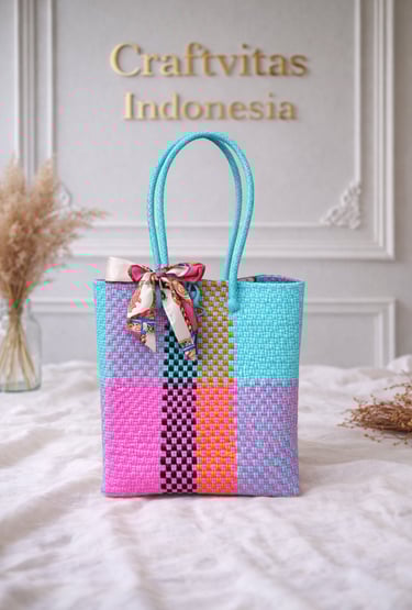 Tas anyaman plastik motif batik tosca pink oranye handmade dari Craftvitas Indonesia