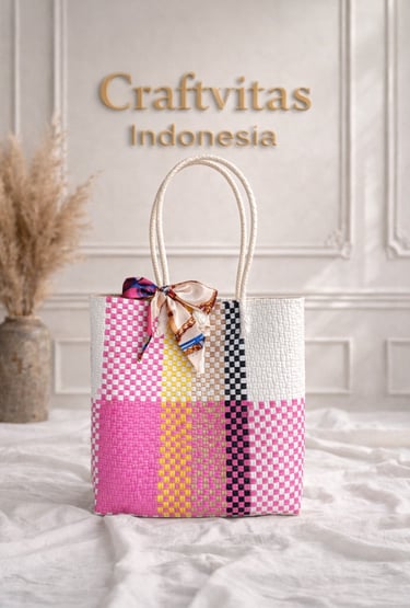 Tas anyaman plastik motif batik kombinasi pink kuning hitam putih handmade Craftvitas Indonesia