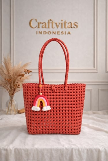 Tas anyaman plastik model sekar warna merah bata handmade Craftvitas Indonesia