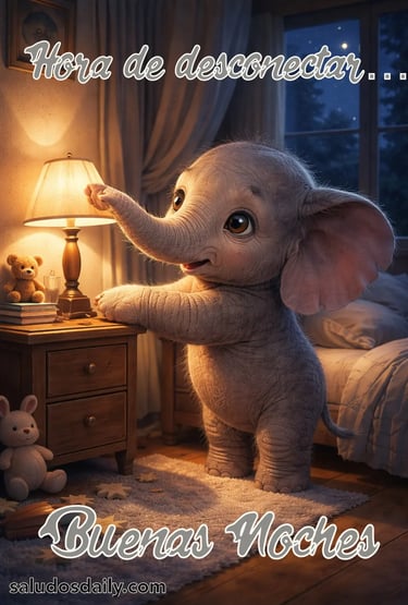 elefante pequeño apagando una lámpara antes de dormir, habitación acogedora con luz tenue y ambiente