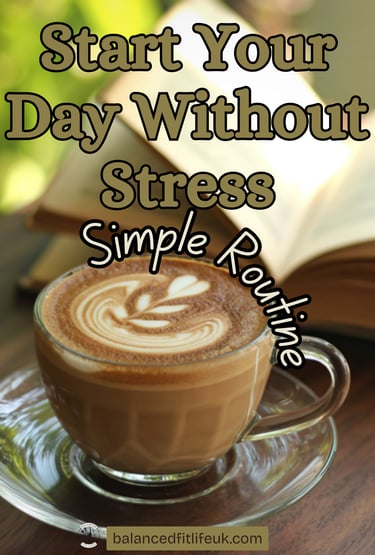 A cup of latte art coffee next to an open book with text about starting a stress-free morning routine.