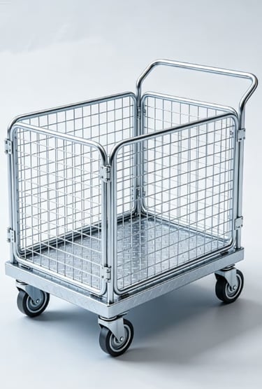 Industrial wire mesh security cage trolley with heavy duty casters and a diamond plate base.