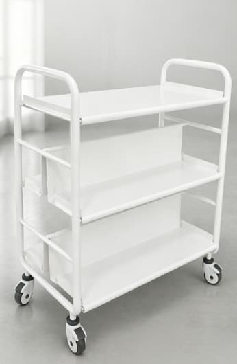White three-tier metal rolling utility cart with lockable wheels for storage and organization.