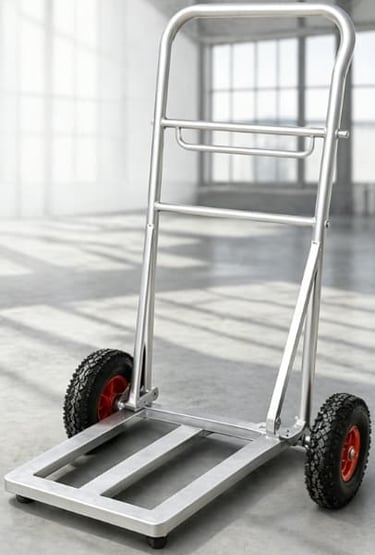 Heavy-duty aluminum hand truck with pneumatic rubber wheels on a warehouse floor.