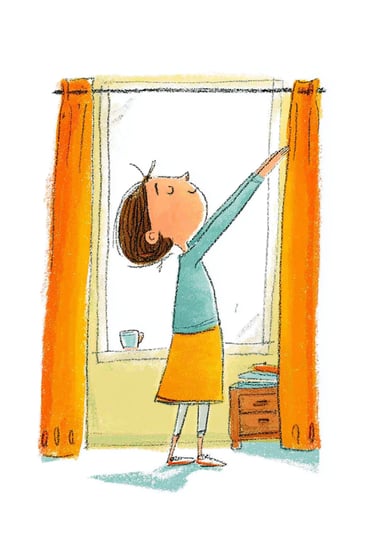 Illustration of a woman opening curtains