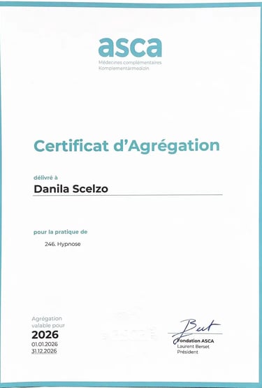 Certificat d'agrément ASCA pour la pratique de l'hypnothérapie – Danila Scelzo, cabinet Hypnonaute à Genève, thérapeute.