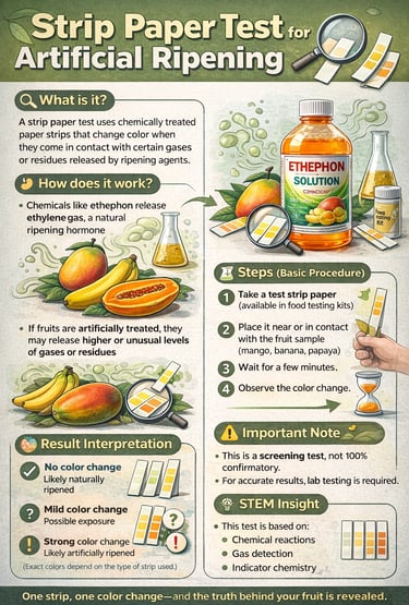 Infographic showing strip paper test steps to detect artificial fruit ripening agents like ethephon.