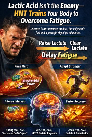 Infographic showing how HIIT improves lactate clearance, delays fatigue, and enhances performance by