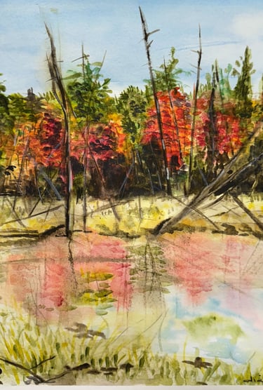 a painting of a pond with trees and water