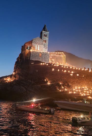Church of St. Peter in Portovenere illuminated at night, Liguria Italy.
