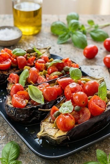Eggplant bruschetta - Mediterranean bruschetta with tomatoes and olives