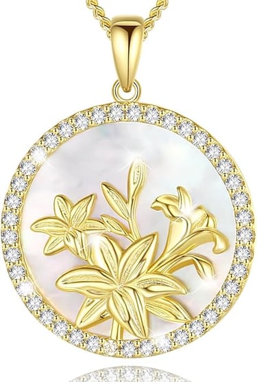 Birth Flower Necklace. Genuine Mother of Pearl CZ Round Disc Pendant Necklace in Sterling Silver