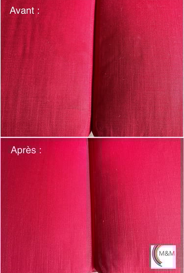 Nettoyage en profondeur assise de canapé rouge avec shampouineuse m&m services pro rouen